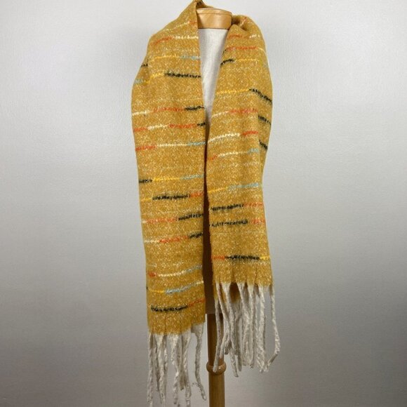 Cozy Super Soft Mustard Yellow Scarf. Fuzzy striped design, fringe detail - Picture 2 of 9